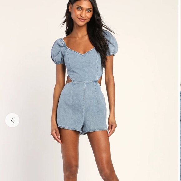 Lulus Blushing Beauty Light Wash Denim Puff Sleeve Romper - Size S - Picture 4 of 10
